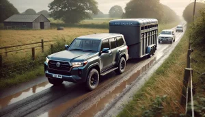 Toyota Land Cruiser towing a horse box trailer